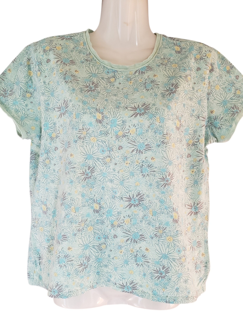 VALERIE STEVENS Mint Green Blue Floral Short-Sleeve Shirt | Large